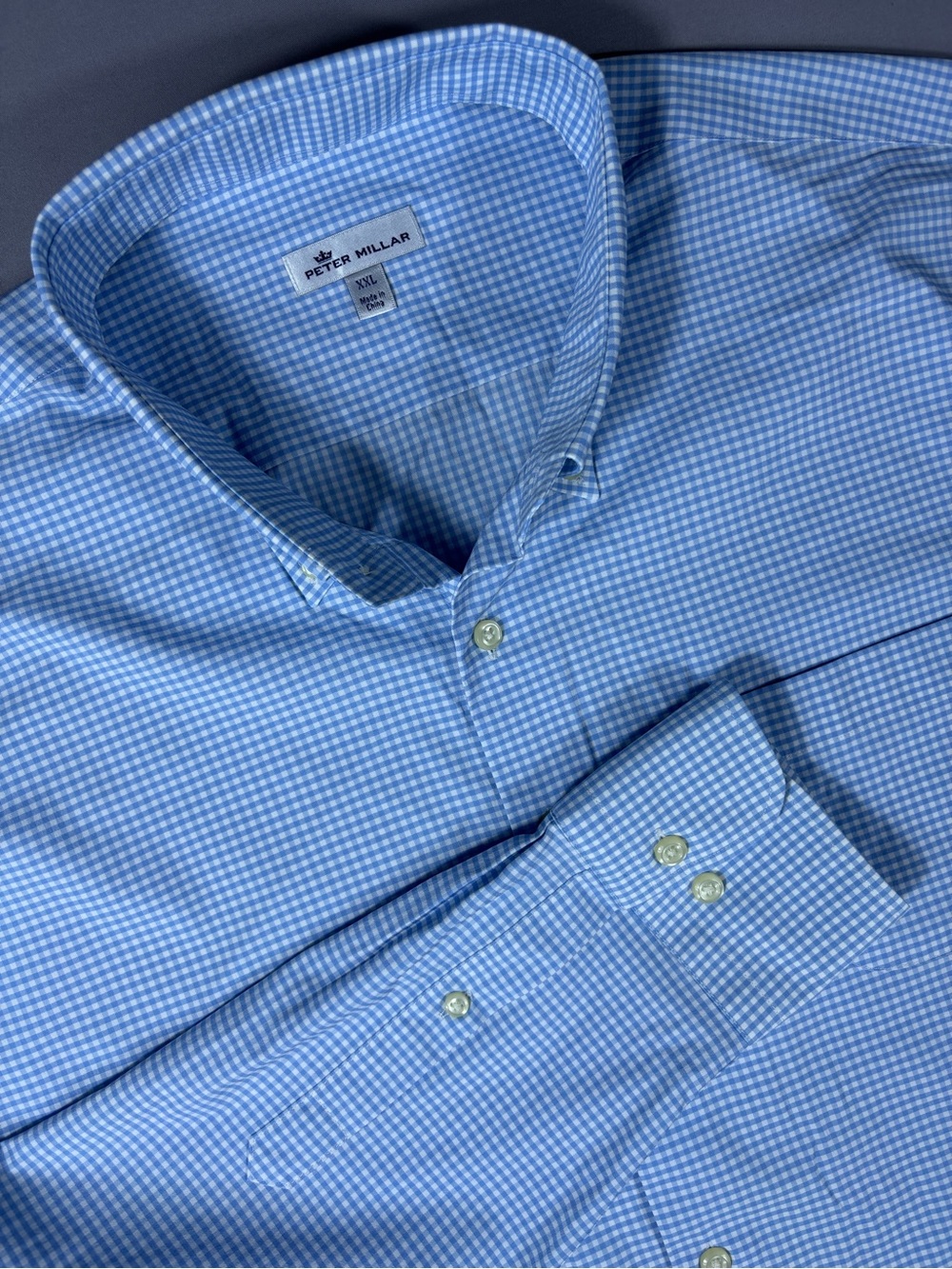 Peter Millar Performance Sport Shirt Men XXL Blue Gingham Stretch Button Down